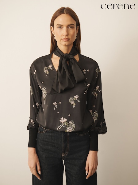 Black Precious Print - Cerene Satin Scarf Detail Knitted Back Blouse