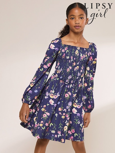 Navy Blue - Lipsy Printed Crinkle Jersey Dress (5-16yrs)