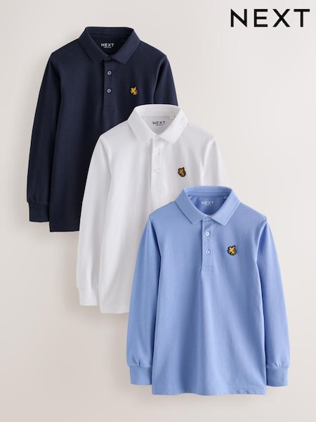 Blue/Navy/ White Griffin - Long Sleeve Polo Shirts 3 Pack (3-16yrs)
