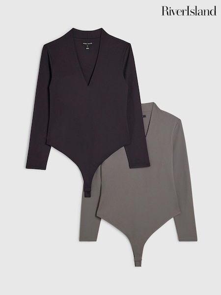 Grey - River Island Long Sleeve Plunge Bodysuits 2 Pack