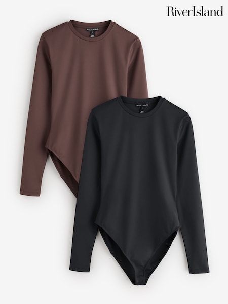 Brown - River Island Long Sleeve Crew Neck Bodysuits 2 Pack