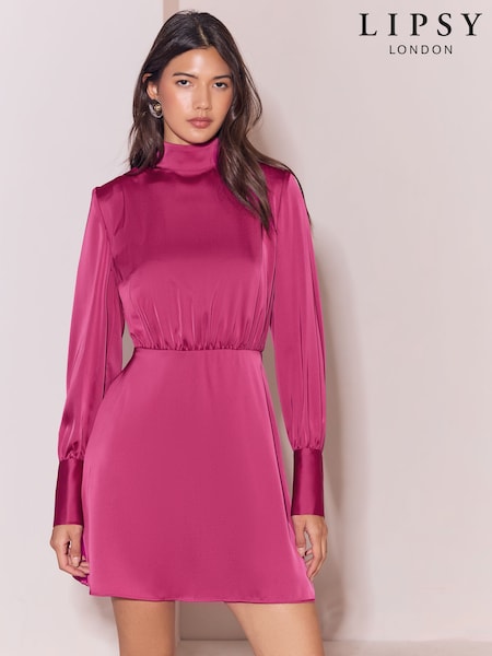 وردي مائل للأرجواني - Lipsy Satin Shoulder Padded Long Sleeve Mini Dress