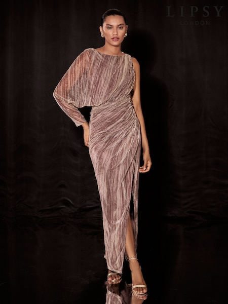 Gold Glitter - Lipsy Plisse Aysmetric One Shoulder Batwing Maxi Dress