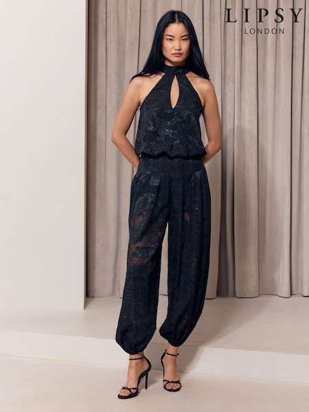 Black - Lipsy Halter Neck Burnout Sheer Balloon Pant Jumpsuit
