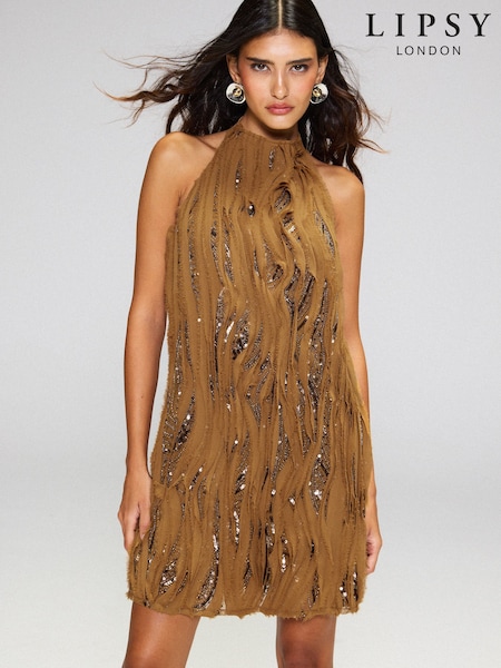 أصفر شاحب - Lipsy Premium Ruffle Embellished Halter Tie Back Mini Dress