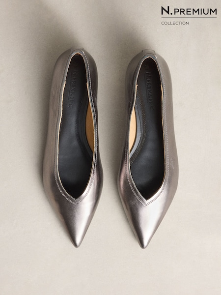 Pewter - N. Premium Leather High Cut Pointed Flats