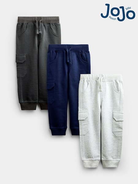 Grey White & Navy - Jojo Maman Bébé 3-pack Cargo Joggers