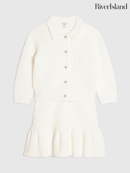 White - River Island Knitted Floral Cardigan & Skirt Set