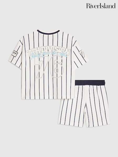 White - River Island Oversized Baseball Stripe T-shirt & Shorts Set