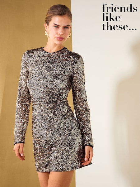 Цвета золотистого шампанского - Friends Like These Long Sleeve Sequin Knot Detail Mini Dress