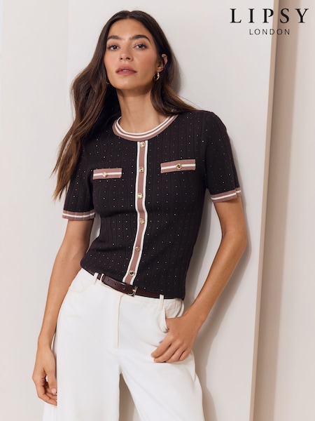 棕色 - Lipsy Knitted Sequin Detail Pocket T-shirt