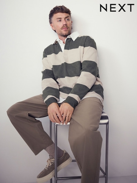 Ecru/Green - Regular Stripe Rugby Shirt