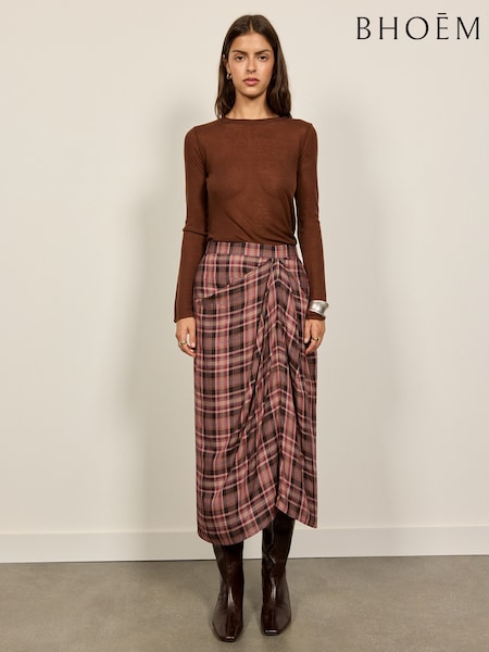 Pink/Grey - Draped Plaid Midi Skirt