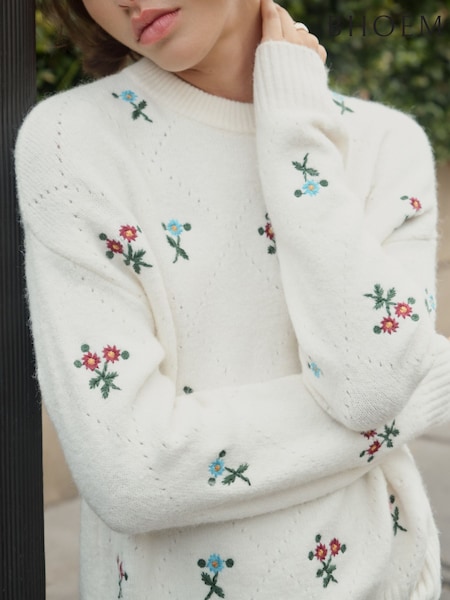 Кремовый - Floral Embroidery Knit Crew Neck Jumper With Wool