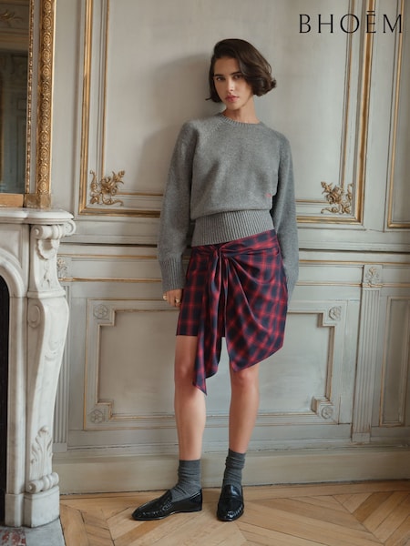 Red/Blue - Tie-front Plaid Mini Skirt
