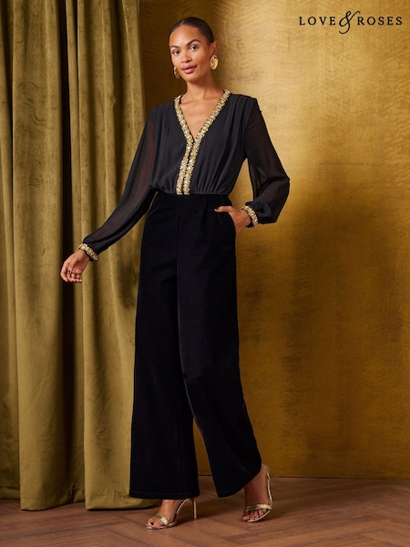 Negru - Love & Roses Embellished Trim V-neck Jumpsuit