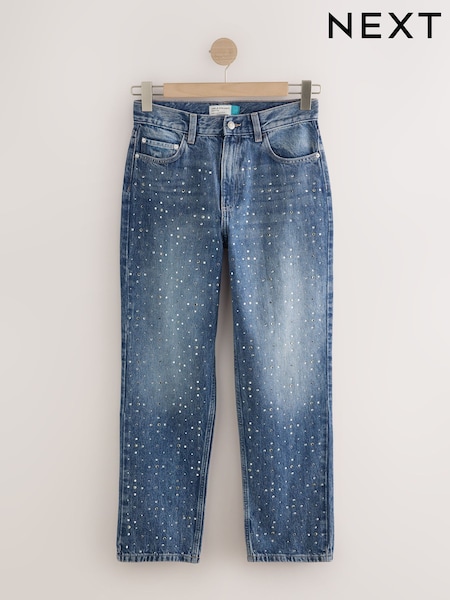 Mid Blue Embellished - Authentic High Rise City Straight Leg Jeans