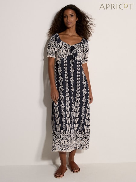 Blue - Apricot Butterfly Border Print Midi Dress