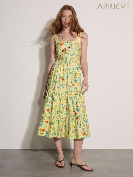 Yellow - Apricot Postcard Print Tiered Midi Dress
