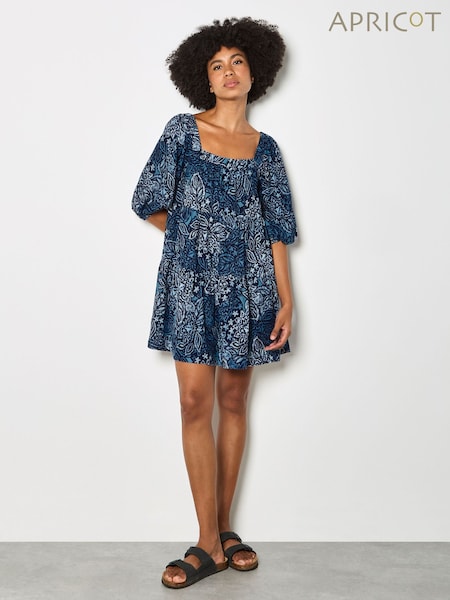 Blue - Apricot Floral Print Tiered Mini Dress