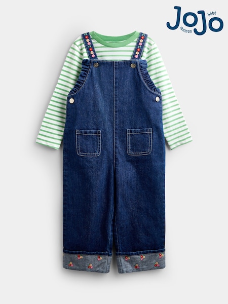 Blå Denim - Jojo Maman Bébé Embroidered Dungarees & T-shirt Set