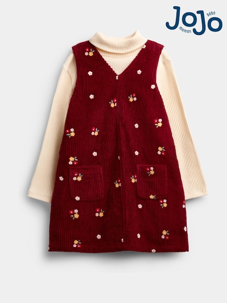 Dark Red Floral - Jojo Maman Bébé Embroidered Cord Pinafore & Top