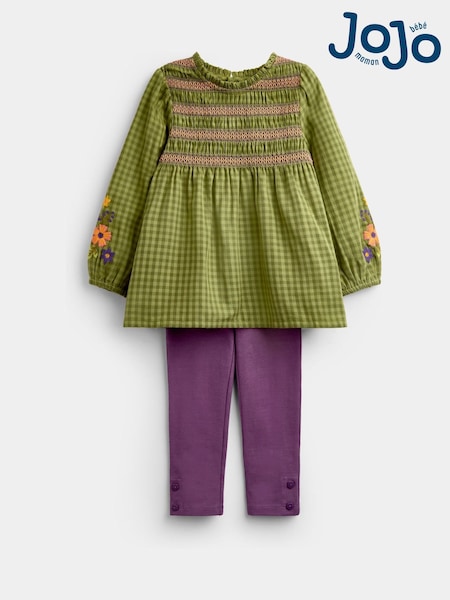 Khaki Green Floral - Jojo Maman Bébé Embroidered Smocked Blouse & Legging Set