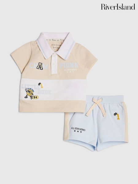 Blue - River Island Basketball Polo Shirt & Short Set
