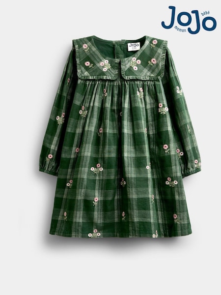 Zelen cvetlični potisk - Jojo Maman Bébé Embroidered Check Cord Dress