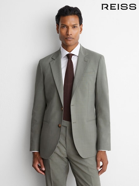 Sage Green - Tailored Fit Reiss Grain Wool-blend Single-breasted Suit Blazer