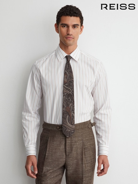 Biały/brązowy w paski - Regular Reiss Titan Cotton Pinstripe Spread-collar Shirt Regular --fit
