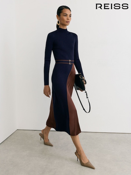Navy/Camel - Reiss Misty Knitted Satin-panel Belted Midi Dress