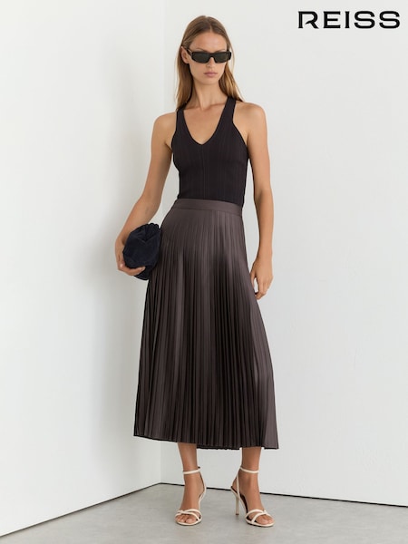 Mauve - Reiss Savannah Satin Pleated Midi Skirt