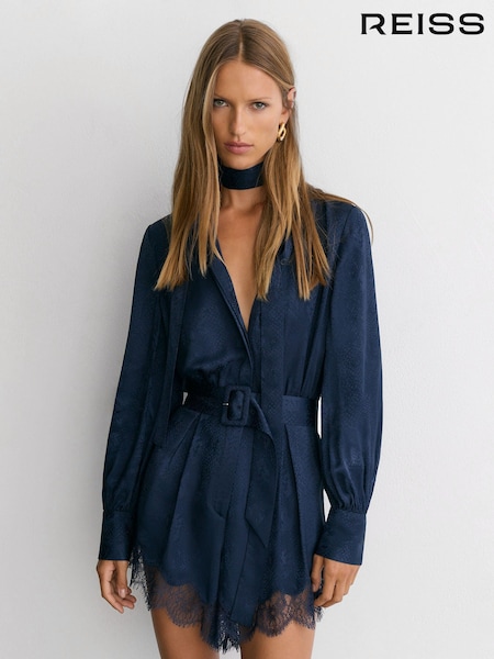 Marineblau - Reiss Marlow Jacquard Lace-trim Scarf-neck Playsuit