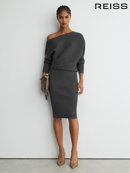 Charcoal Grey - Reiss Lara Off-the-shoulder Ribbed Knitted Midi Dress