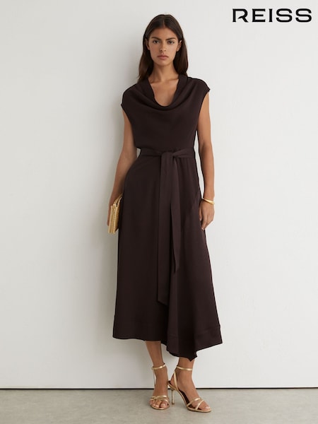 Grape Burgundy - Reiss Justine Cowl-neck Tie-waist Midi Dress