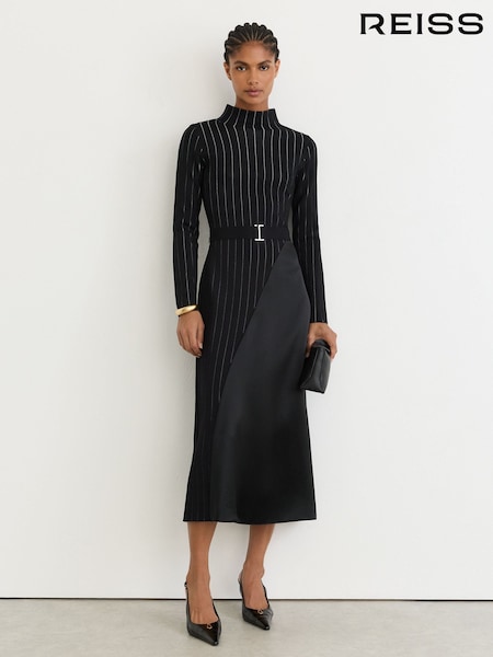 Black - Reiss Mia Pinstripe Knitted Satin-panel Midi Dress