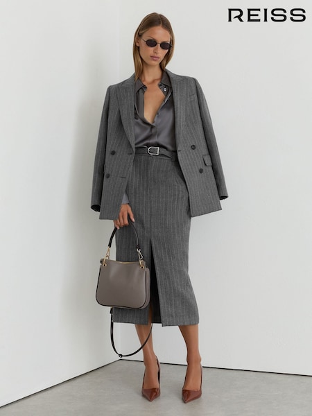 Grey - Reiss Astrid Wool Pinstripe Belted Pencil Skirt