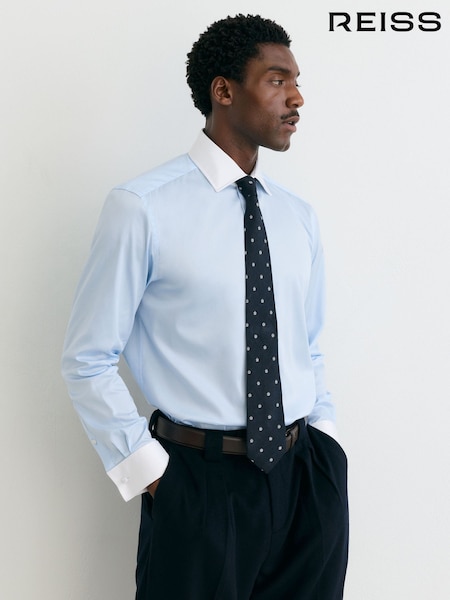Soft Blue - Regular Reiss Wells Cotton-stretch Contrast Double-cuff Shirt Regular-fit