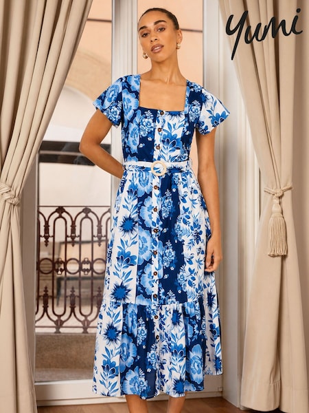 Blue - Yumi Floral Viscose Midi Shirt Dress With Matching Belt