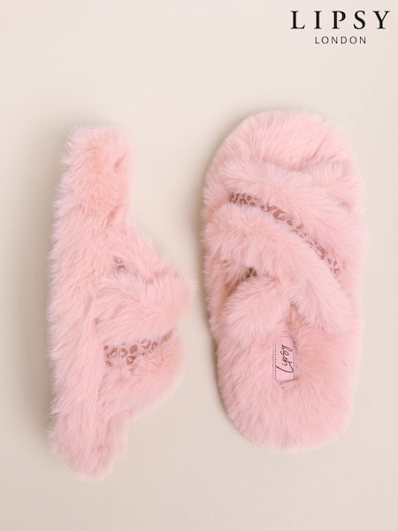 Pink - Lipsy Faux Fur Leopard Print Tape Cross Strap Slider Slippers