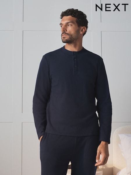 Navy Grandad Collar - Regular Long Sleeve Soft Waffle Pyjamas Set