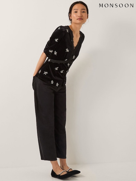 Monsoon Black Erin Floral Lace Velvet Top (Y95315) | €62