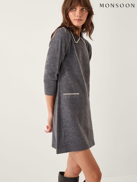 Monsoon Grey Ebony Embellished Collar Knit Mini Dress (Y95317) | R$ 840