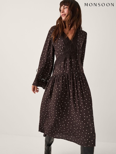 Monsoon Brown Mackie Polka Dot Lace Midi Dress (Y95321) | €108
