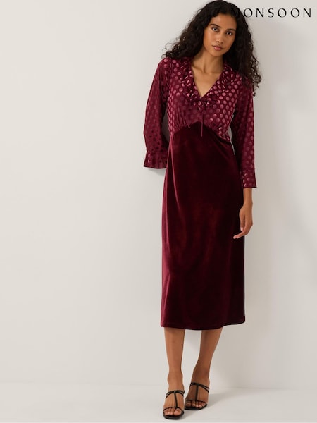 Monsoon Red Dua Polka Dot Velvet Midi Dress (Y95329) | AED703