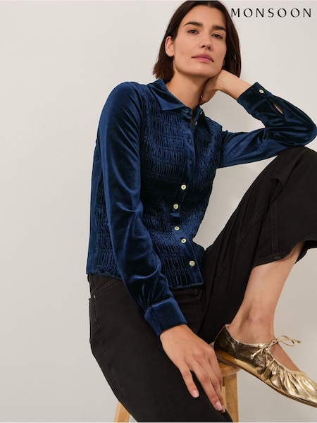 Monsoon Blue Sam Smocked Stretch Velvet Shirt (Y95332) | R$ 585