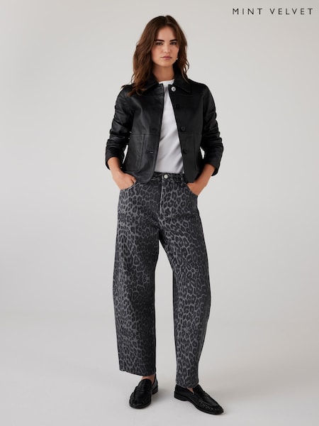 Mint Velvet Grey Leopard Print Barrel Leg Jeans (Y95376) | €126