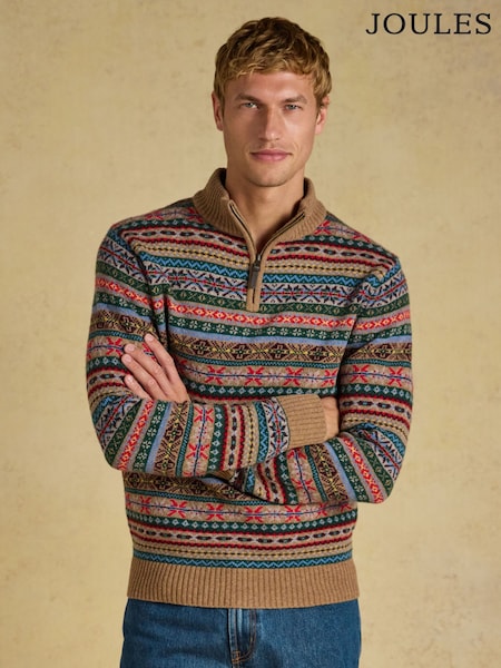 צבעוני - Regular Joules Wool Rich Fair Isle Quarter Zip Jumper