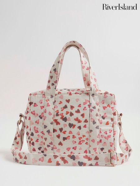 River Island Cream Canvas Heart Holdall (Y96119) | AED227